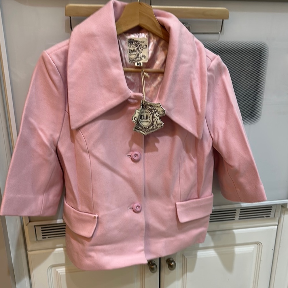 Tulle Pink Short Coat with Wide Collar and 3/4 Sleeves